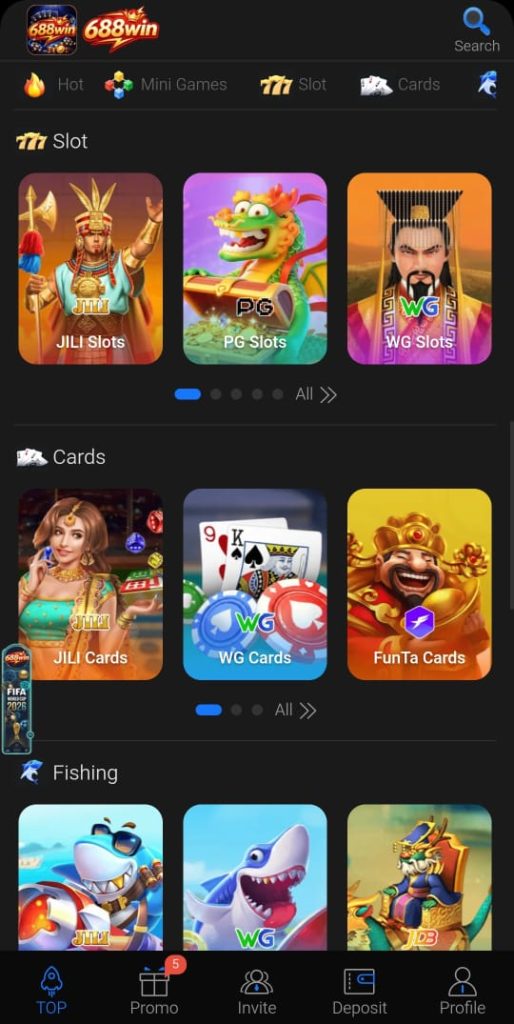688Win Game homepage showing the latest Android interface and gaming dashboard
