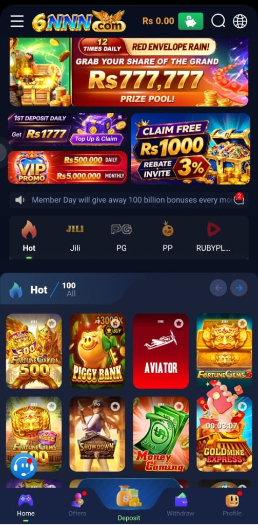 6NNN APP main screen showing featured games