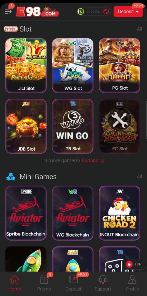E98 APK app interface with slot games, aviator, and mini games dashboard