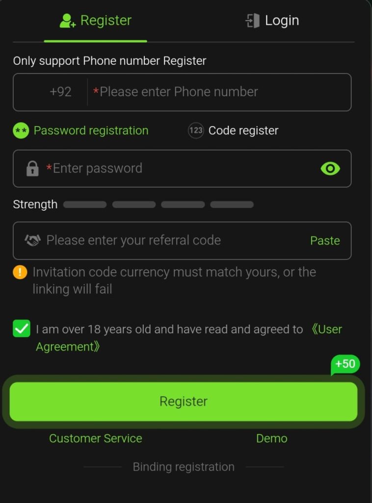 New user GOGAME register screen with account signup form