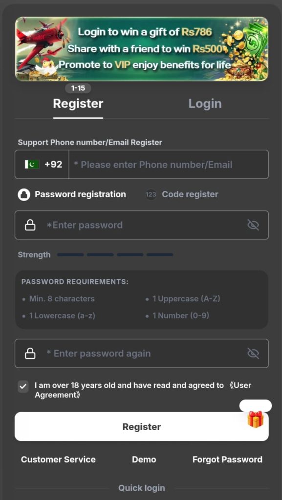 IK786 Game register screen latest APK version