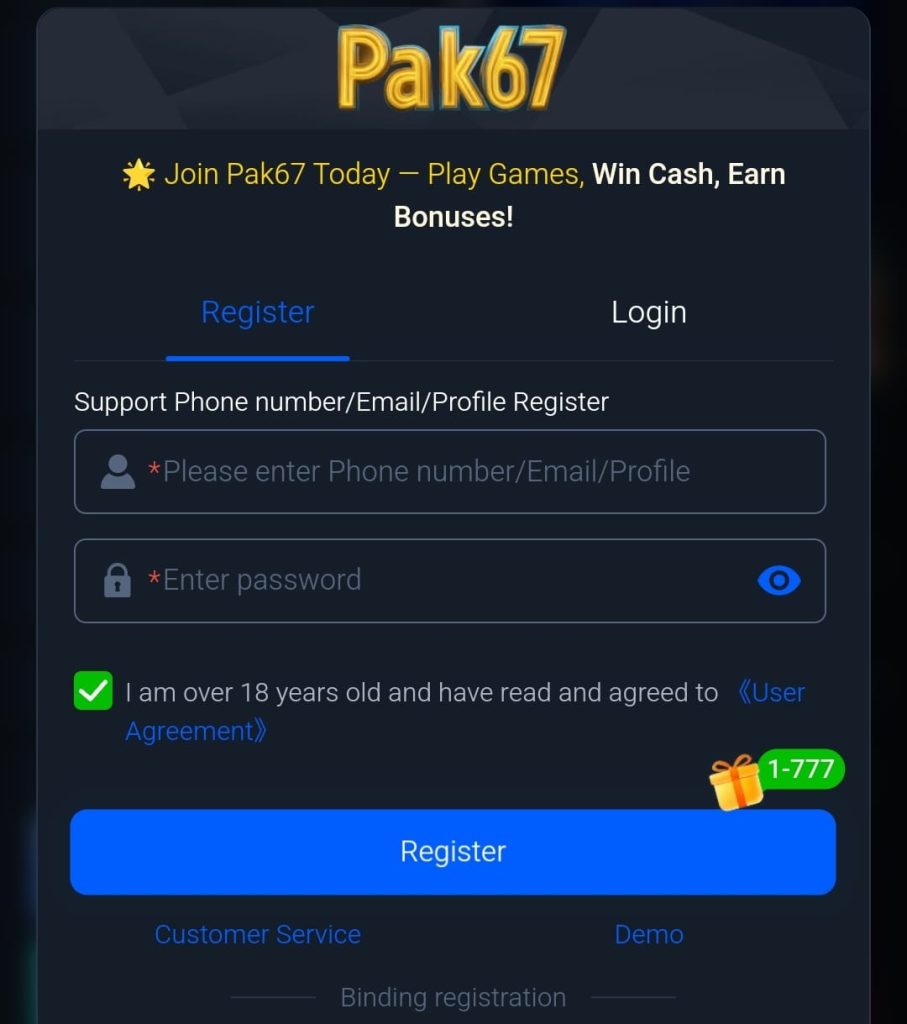 PAK67 Game registration page for creating a new user account