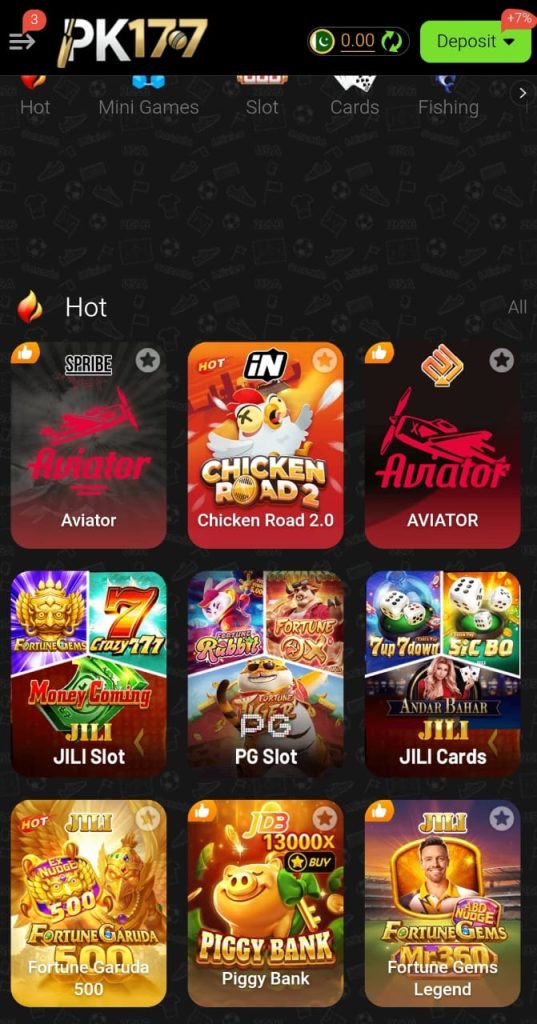 PK177 Game APK download homepage interface showing slots games