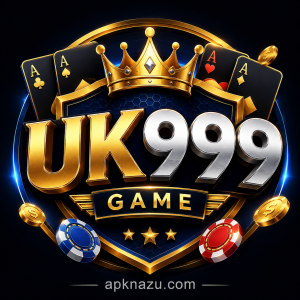 UK999 Game logo with a gold crown, poker chips, playing cards, and the apknazu.com watermark on a dark blue background