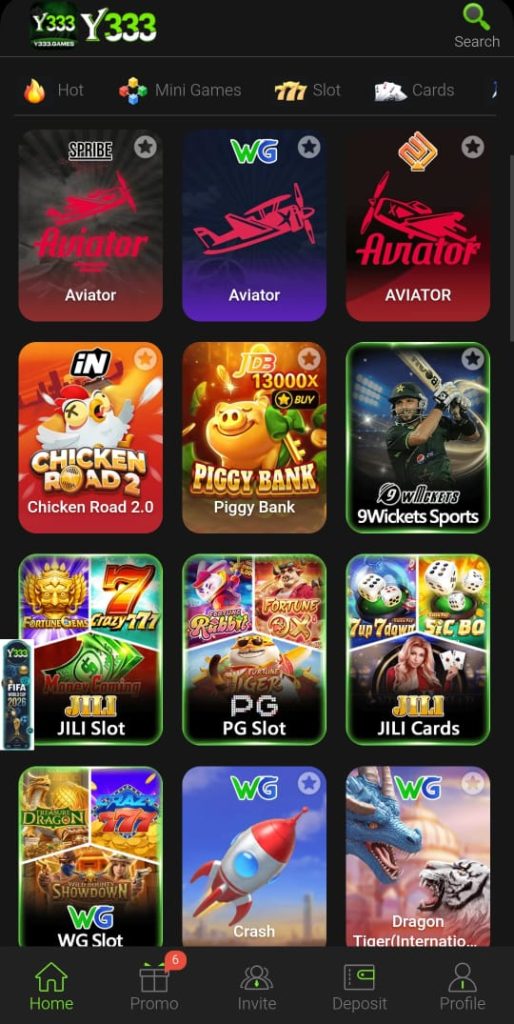 Y333 Game homepage showing dashboard and main features