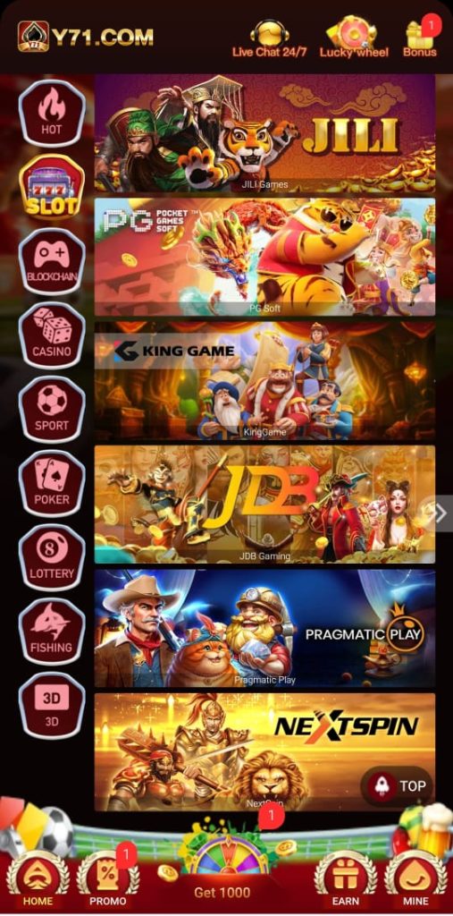 Y71 Game official interface on the home page with slots games
